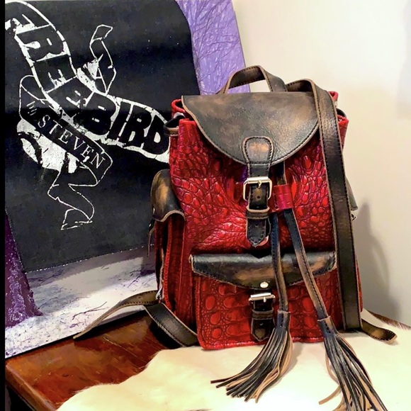 FREEBIRD BY STEVEN Brett Red Crocodile Backpack - Picture 6 of 15